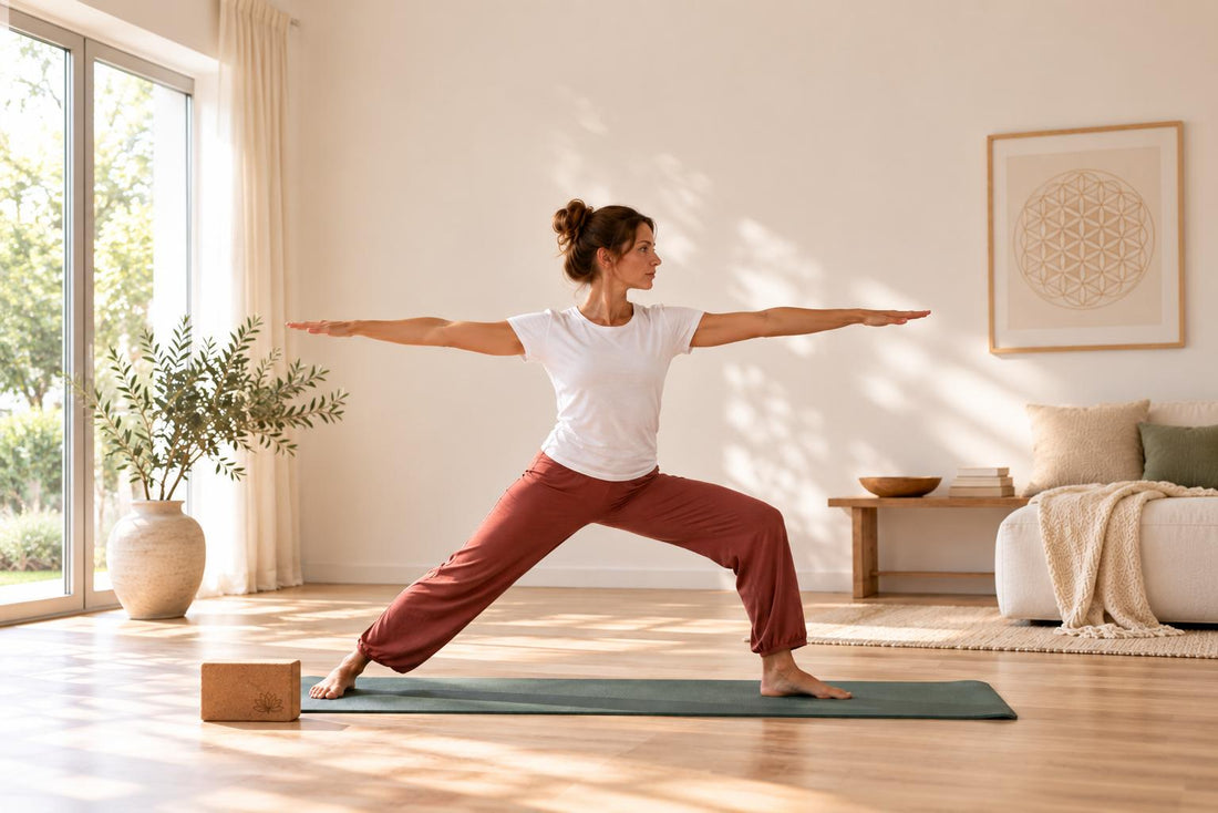 Frau beim Yoga zu Hause in der Krieger-Haltung auf einer Yogamatte