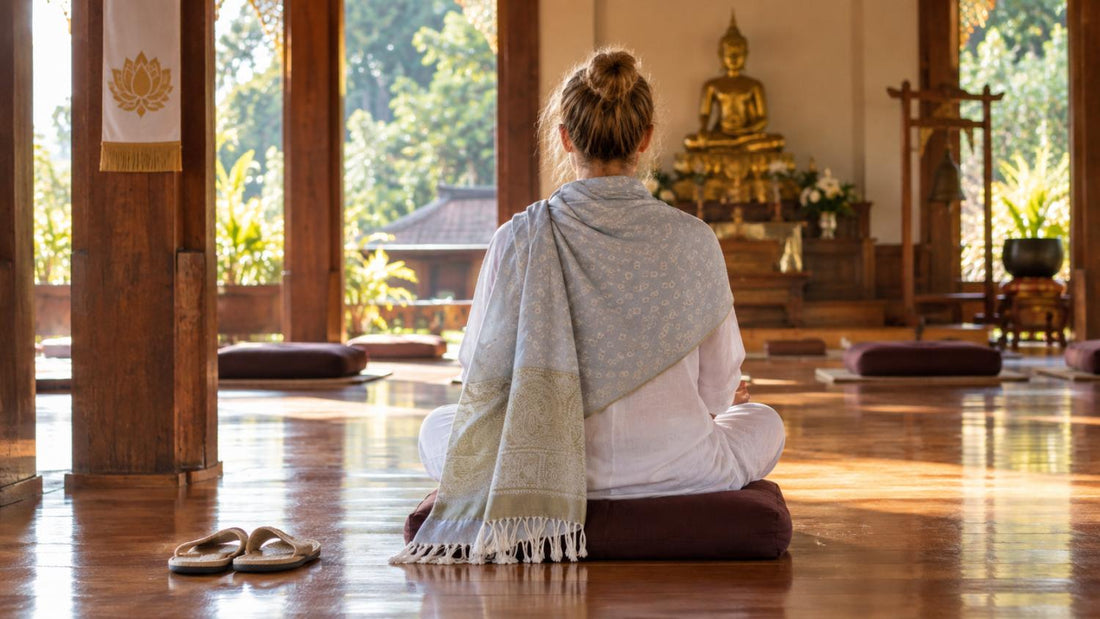 Frau in weißer Kleidung mit Meditationsschal bei einer Meditation im buddhistischen Kloster