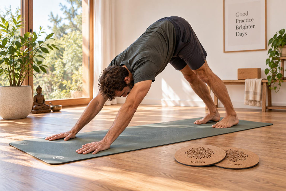 Mann im herabschauenden Hund auf einer rutschfesten Yogamatte