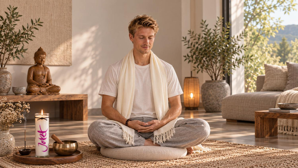 Mann meditiert mit Meditationskissen und Schal in einer ruhigen Meditationsecke mit Buddhafigur und Sign Kerze Jetzt