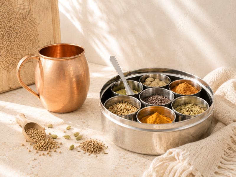 Ayurveda Küchen Essentials mit Kupferbecher und Masala Gewürzbox