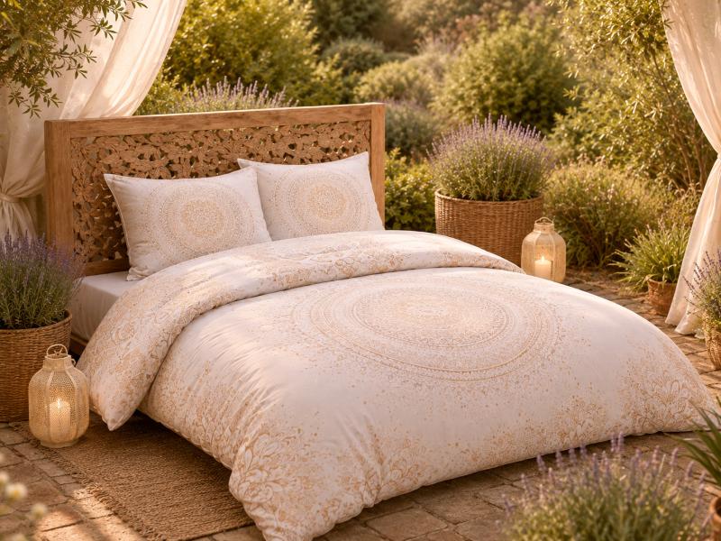 Bio Bettwäsche mit Mandala Muster in hellem mediterranem Ambiente