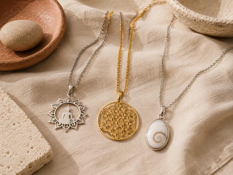 Halsketten mit spirituellen Symbolen in Gold und Silber auf hellem Leinen