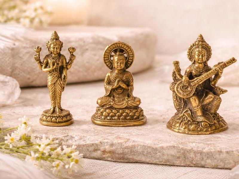Spirituelle Messingfiguren mit Buddha Lakshmi und Saraswati