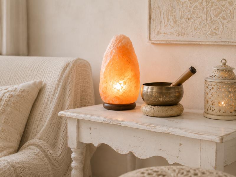 Salzkristalllampe und Klangschale in gemütlichem Wohnambiente