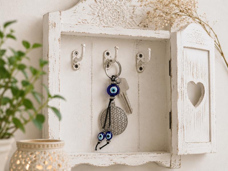 Spiritueller Schlüsselanhänger mit Blume des Lebens und Nazar Auge im weißen Schlüsselhäuschen