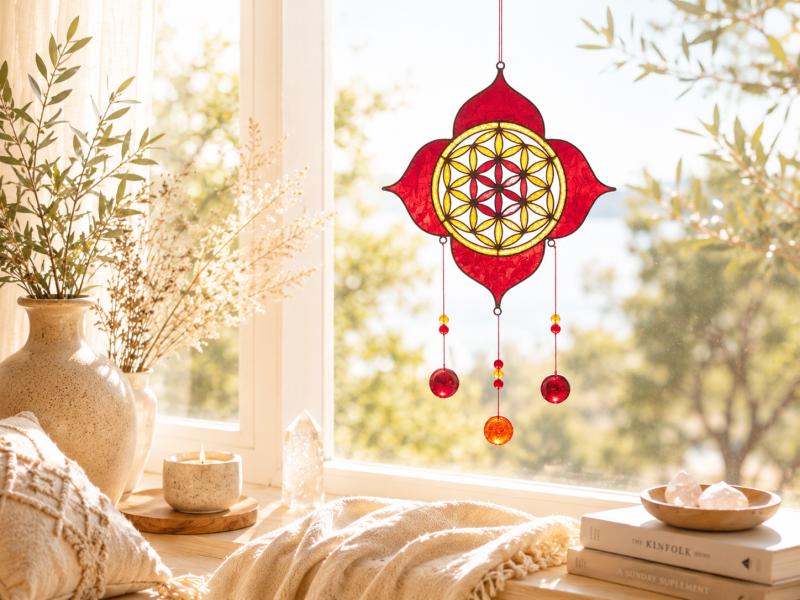 Suncatcher Blume des Lebens am Fenster im warmen Sonnenlicht