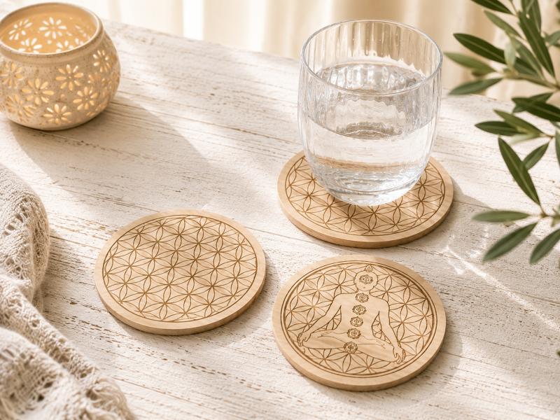 Untersetzer mit Blume des Lebens und spirituellen Motiven auf hellem Holztisch