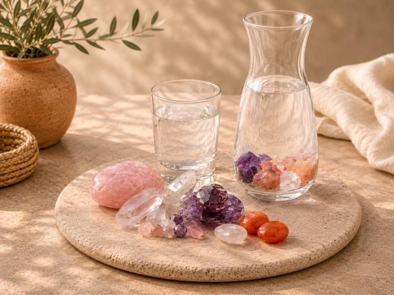 Wasserbelebung mit Edelsteinen, Wasserstab und Glaskaraffe