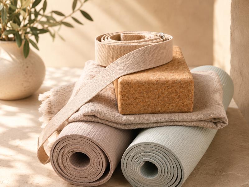 Yoga Zubehör mit Yogamatte, Yogablock und Yogagurt im AlayaSol Stil