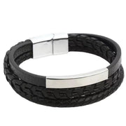 Herren Armband in schwarz aus Leder und Edelstahl 3 Straenge und Magnetverschluss