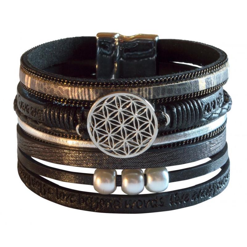 Armband Kunstleder Magnet Blume des Lebens schwarz