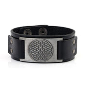 Herren Armband aus schwarzem Leder mit der Blume des Lebens silberfarben