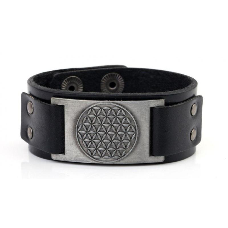 Herren Armband aus schwarzem Leder mit der Blume des Lebens silberfarben