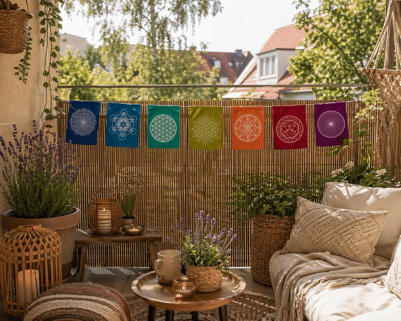 Balkon Deko Boho Stil mit Faehnchen Heilige Geometrie