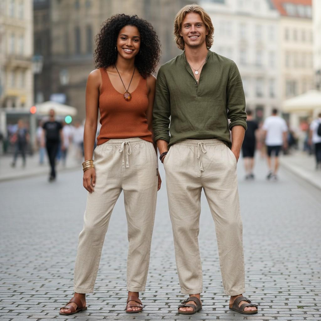 Sommerhose leichte Baumwolle beige fuer Damen und Herren