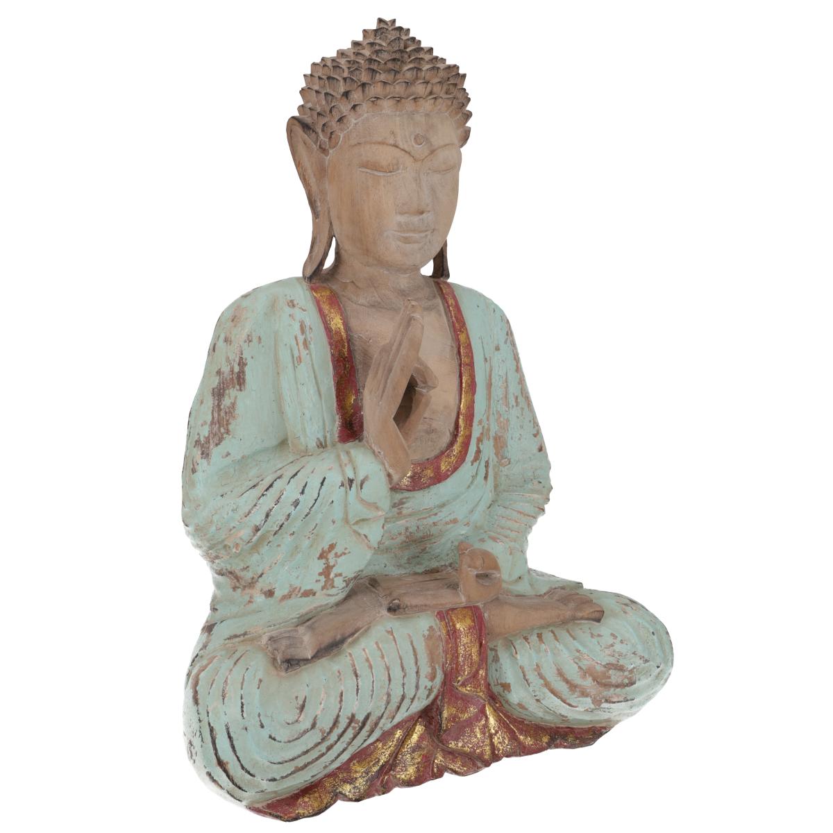 AlayaSol Yogashop Buddha Figur aus Holz türkis gold 43 cm 