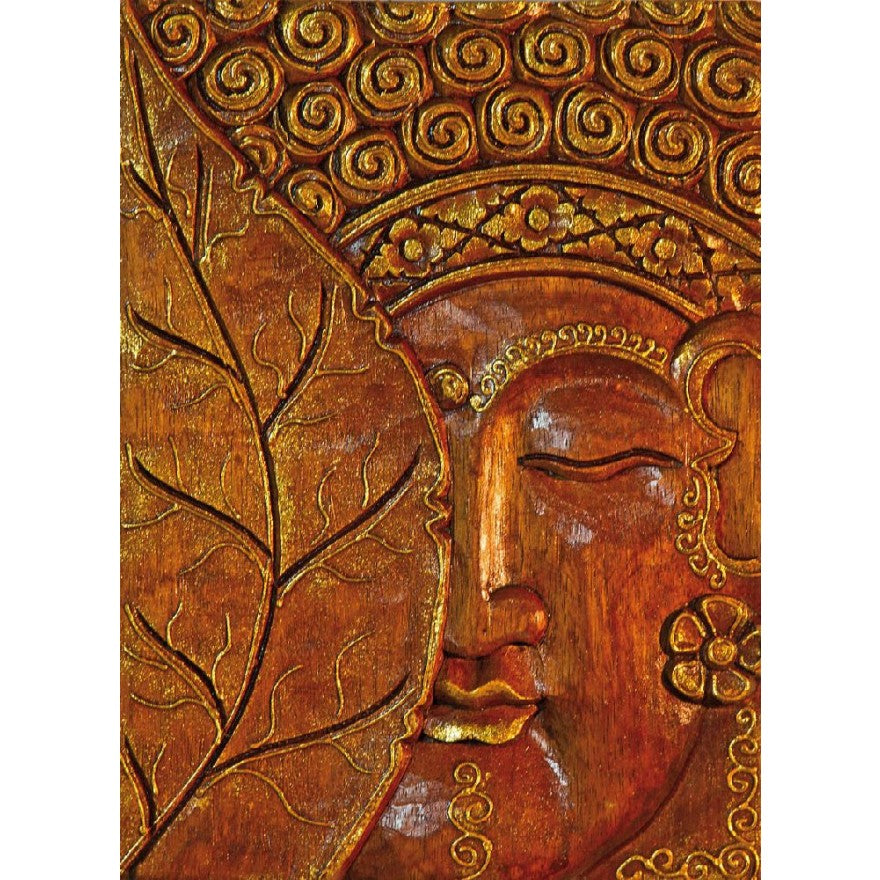 Buddha mit Bodhi Blatt Relief aus Holz mit Gold