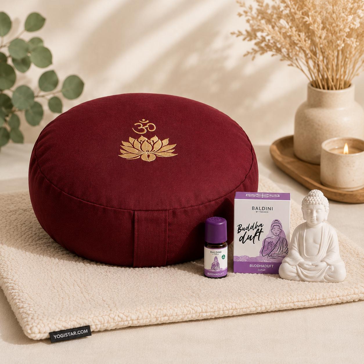 Meditation Set aus Meditationskissen Futon und Buddhaduft AlayaSol Yogashop