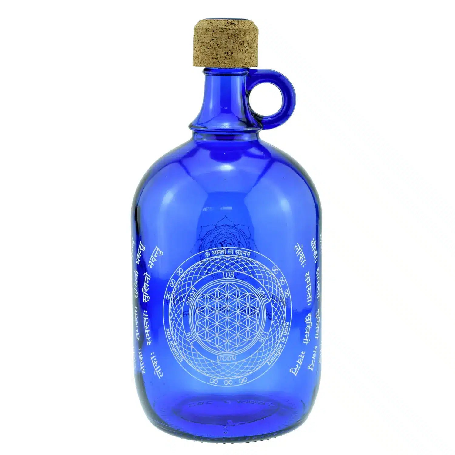 Devi Water Flasche in kobaltblau mit der Blume des Lebens aus Glas Wasserflasche blau