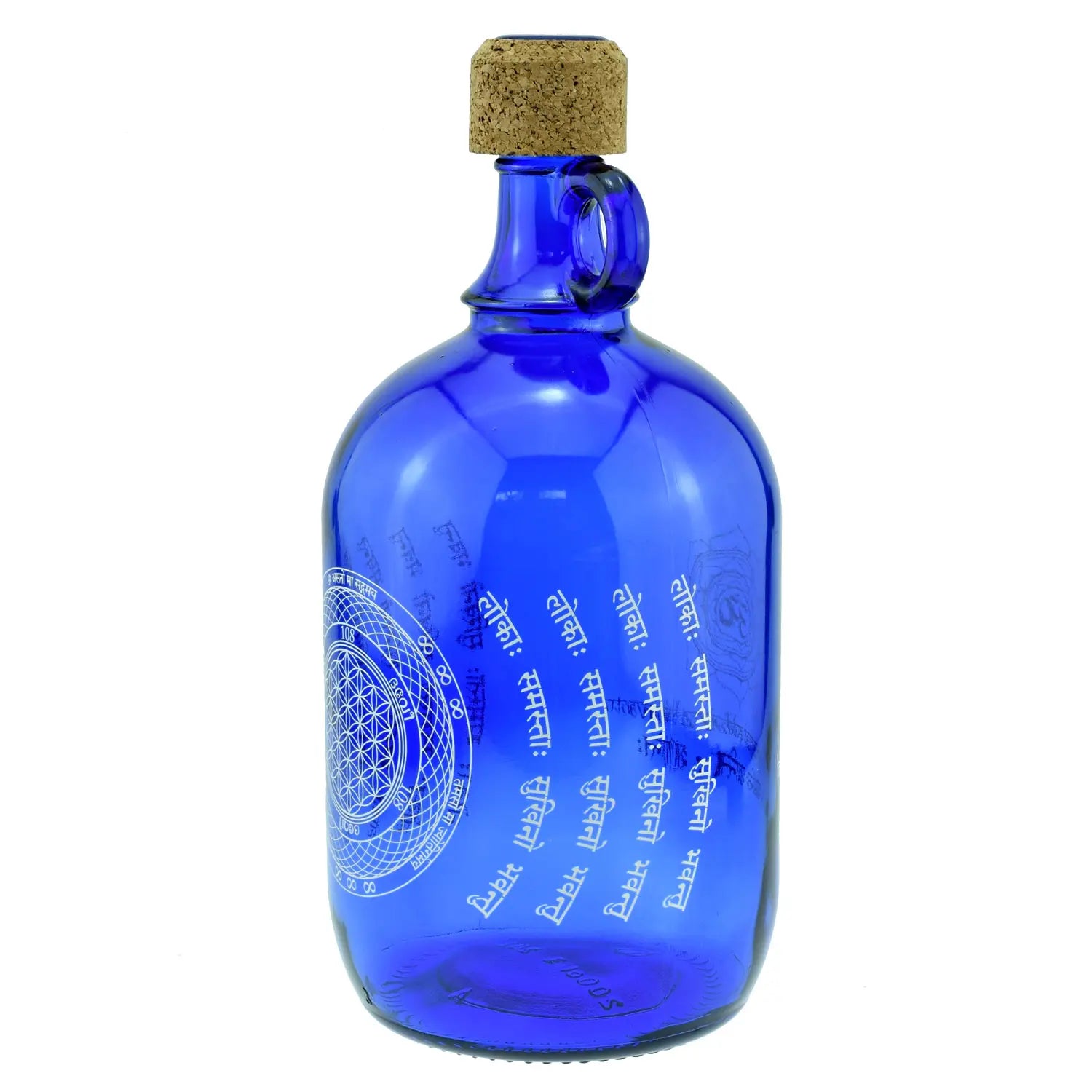 Devi Water Flasche in kobaltblau mit der Blume des Lebens, Om und Mantren