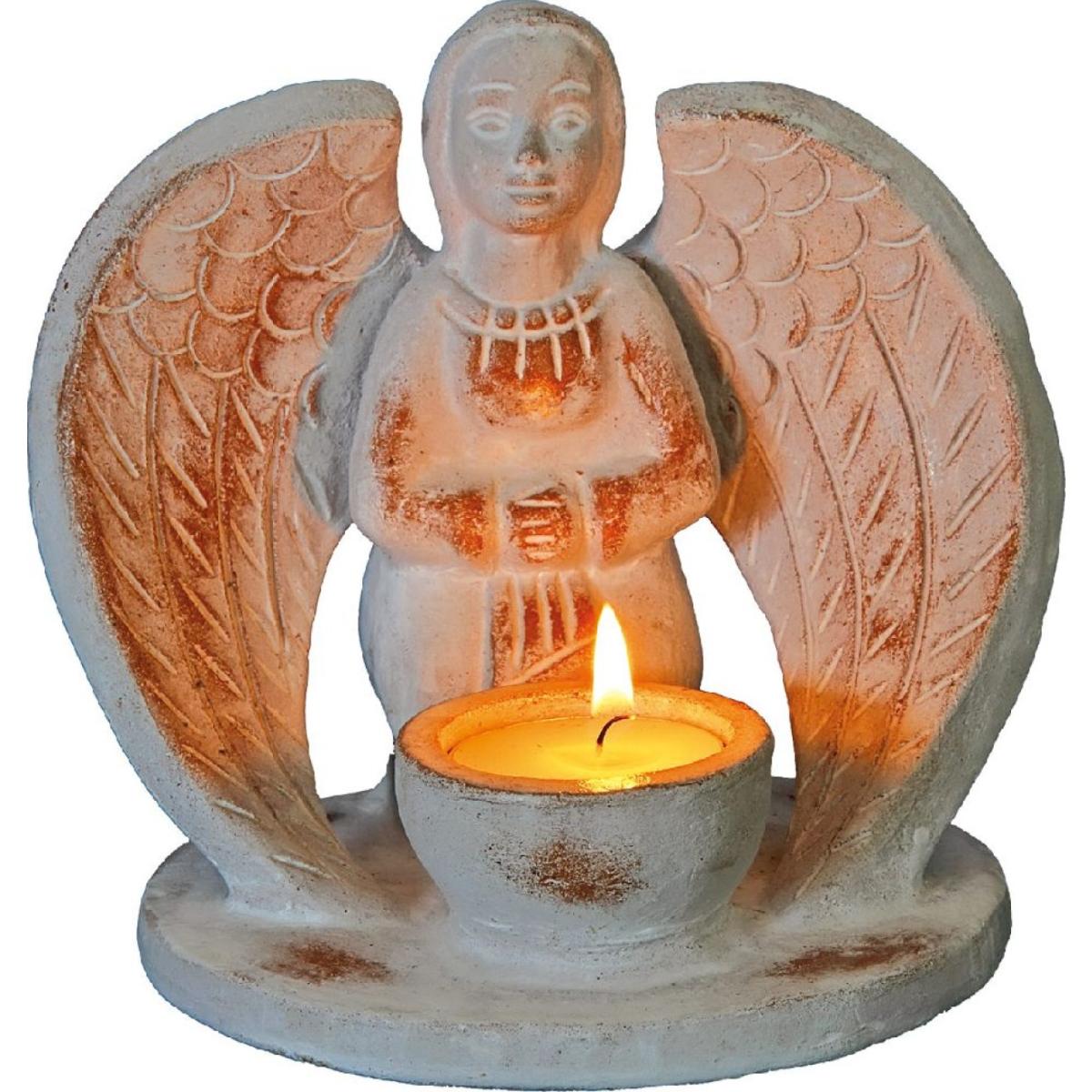 Engel Teelicht aus Terracotta mit brennendem Teelicht und großen Flügeln