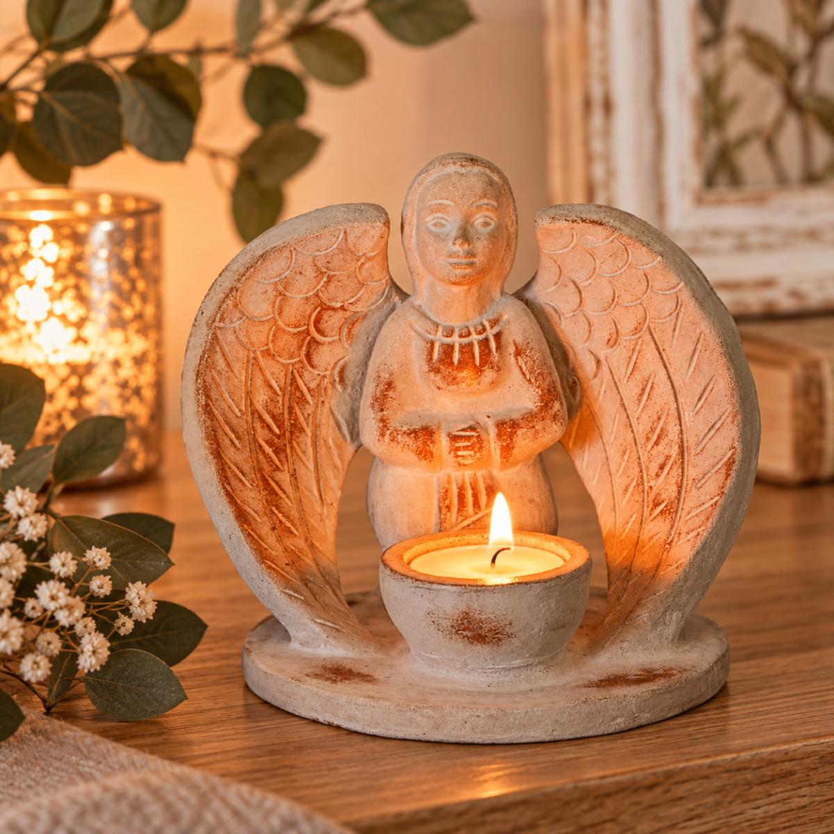 Terracotta Engel Teelichthalter mit brennendem Teelicht auf einem Holz-Sideboard in warmem Kerzenlicht