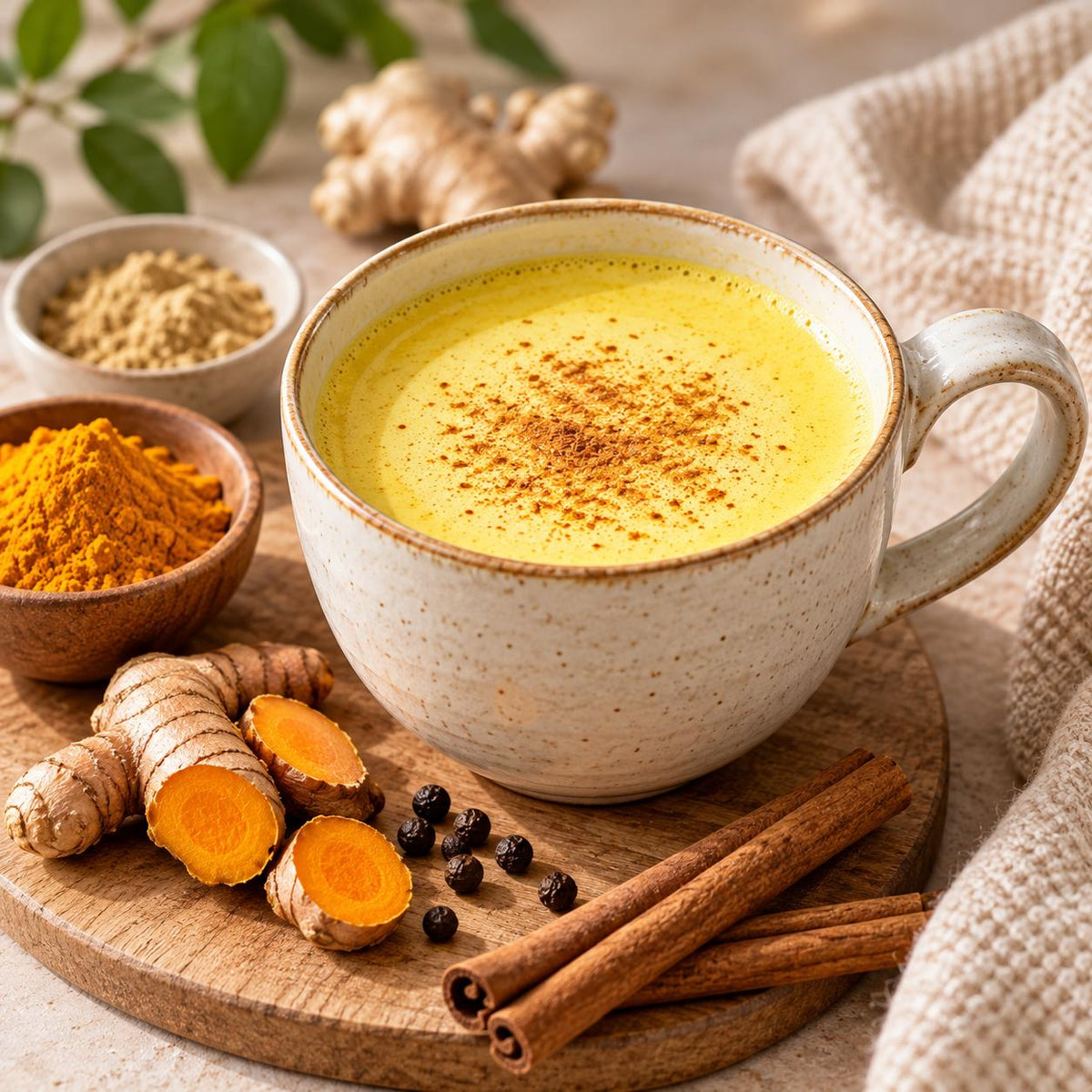 Frisch zubereitete Goldene Milch in einer Keramiktasse mit Kurkuma, Zimt und Ingwer.