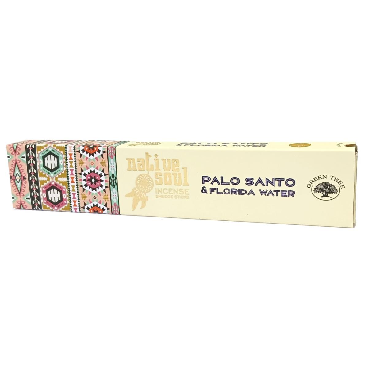Green Tree Native Soul Räucherstäbchen Palo Santo & Florida Water in bunt gemusterter 15-g-Verpackung