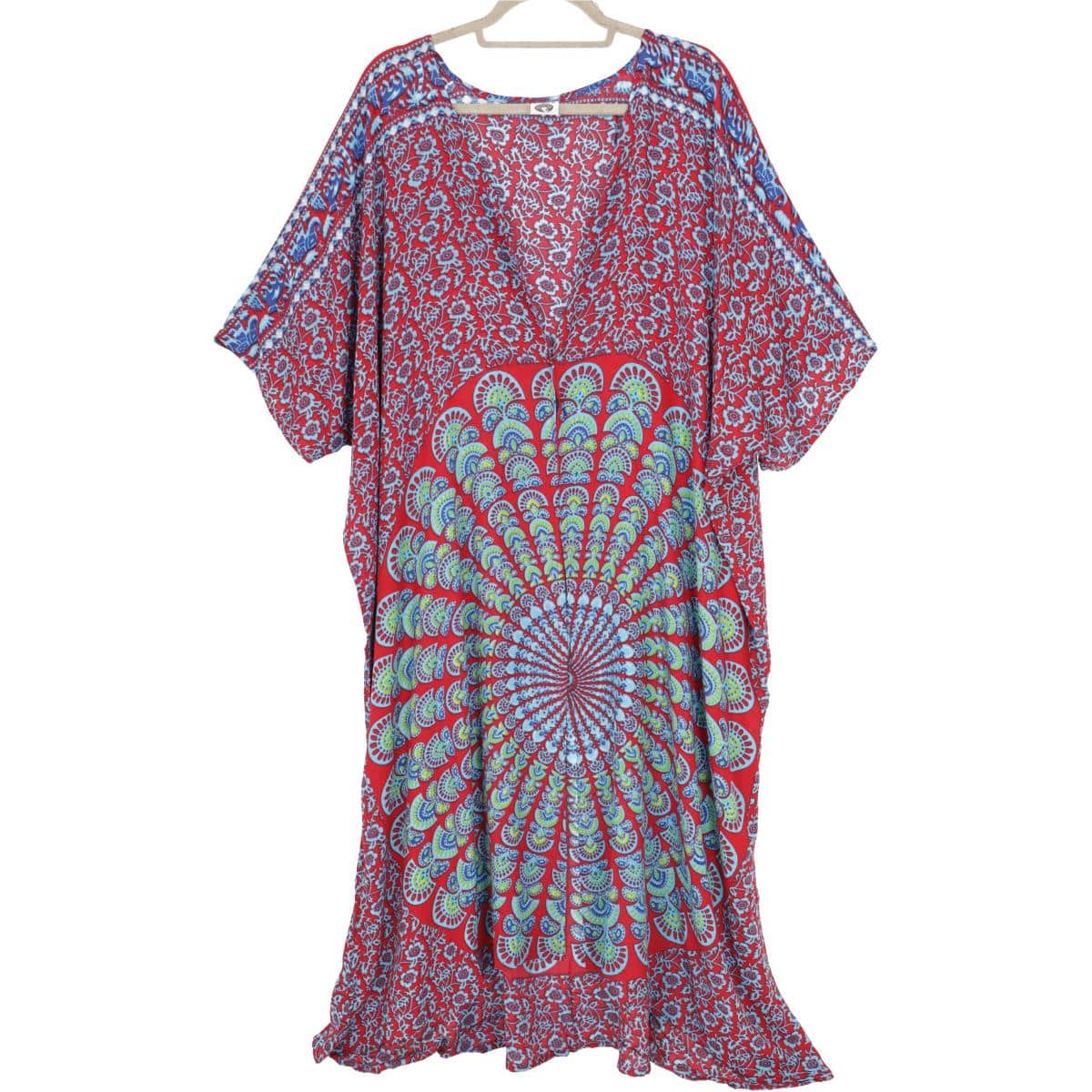Sommer Kimono Strandkleid in rot blau und Mandala Muster in gruen