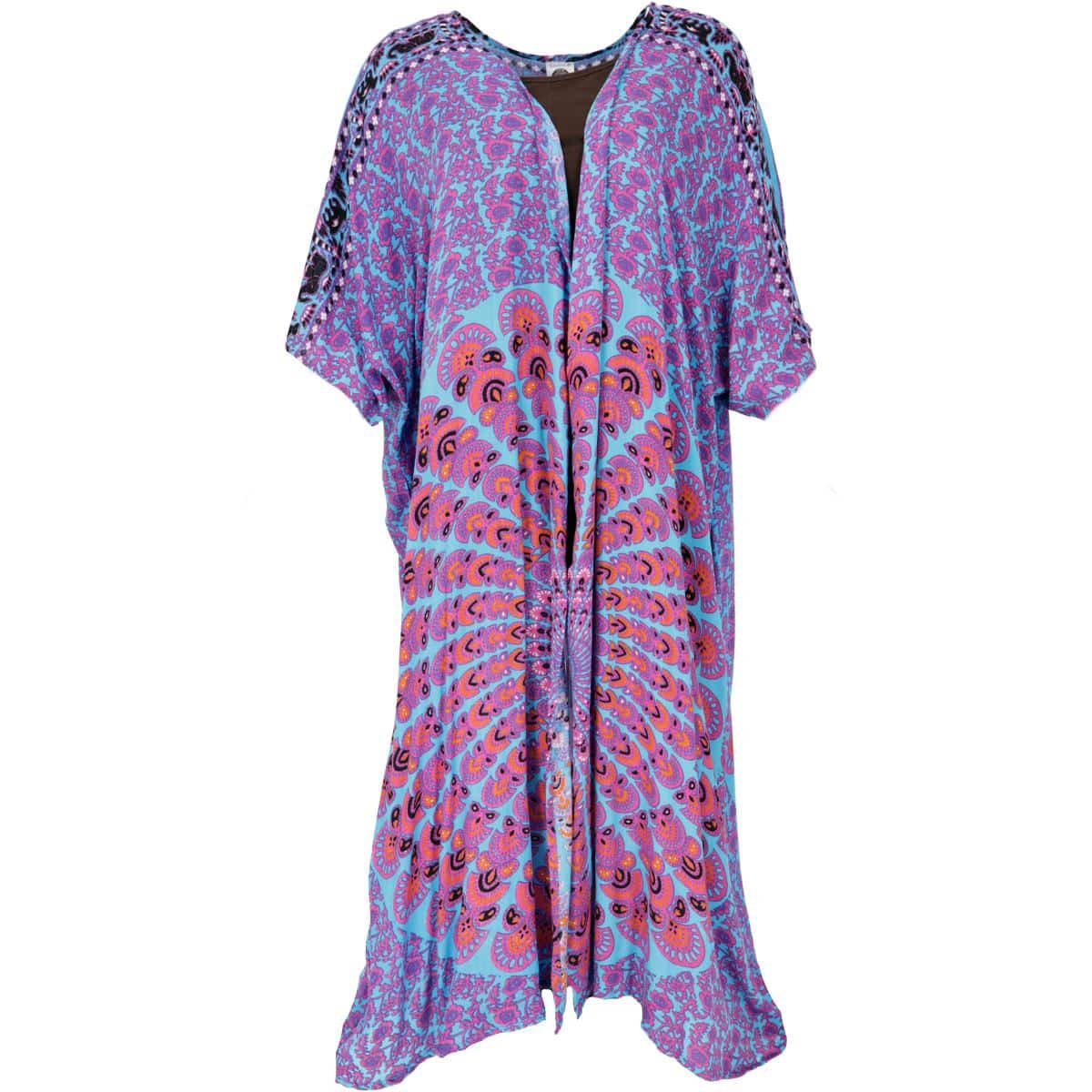 Guru Kimono Strandkleid mit Mandala Muster in türkis, pink, schwarz