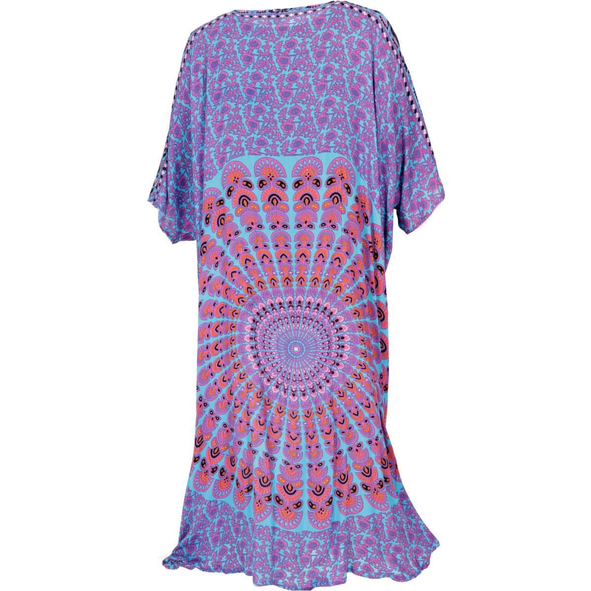 Guru Kimono Strandkleid mit Mandala Muster in türkis, pink, schwarz Rueckseite