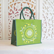 Jutetasche Spirit of Om in grün mit der Blume des Lebens