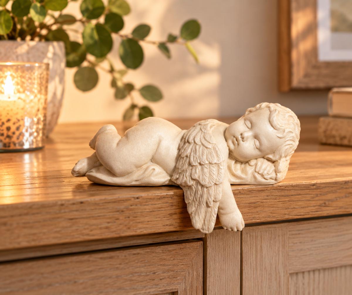Liegender Kantenhocker Engel aus Polystone auf einem Holz-Sideboard mit warmem Kerzenlicht