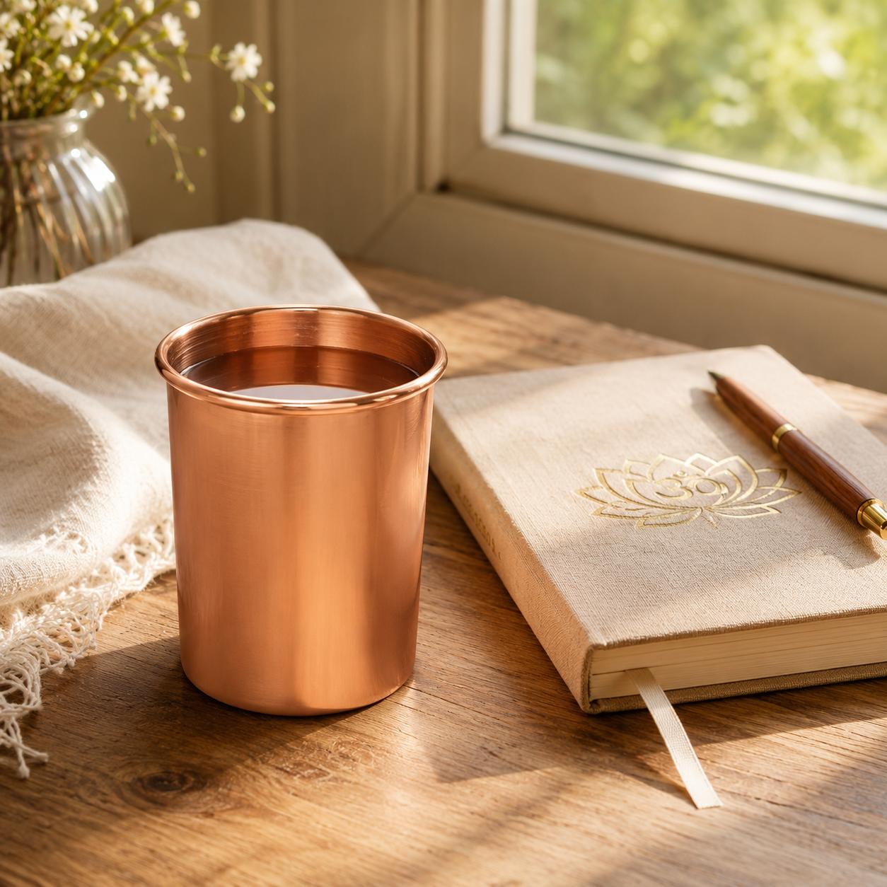 Kupfer Becher Maharishi mit Wasser gefuellt auf Holztisch