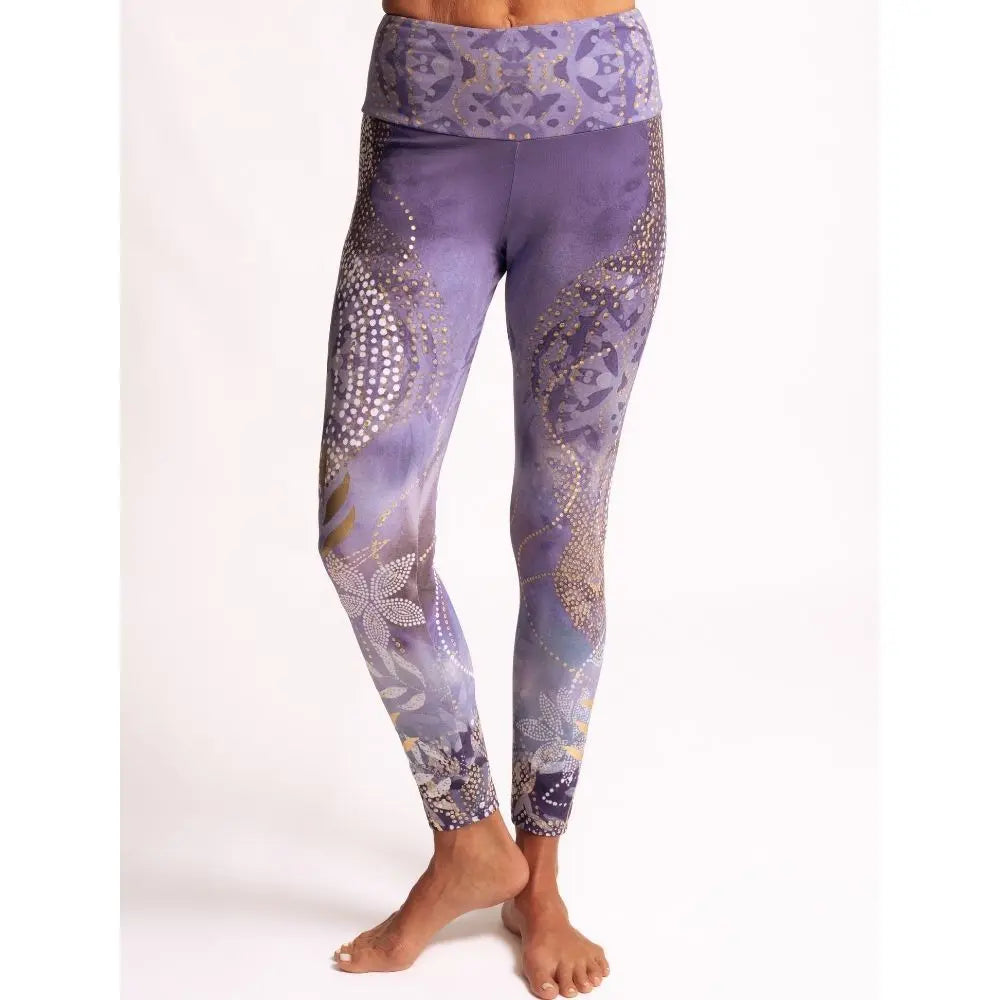 leggings damen yoga von Spirit of Om mit hohem Bund, Muster Print und Gold Applikation