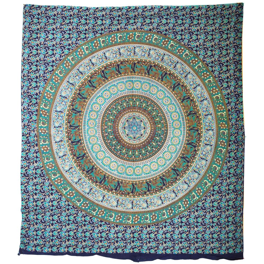 Boho Mandala Wandbehang aus Indien in blau grün mit Elefanten