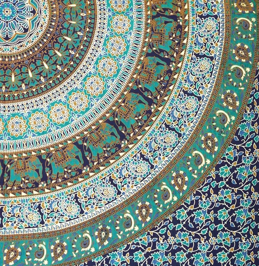 Boho Wandbehang blau grün mit Mandala Motiv Detailansicht mit Elefanten