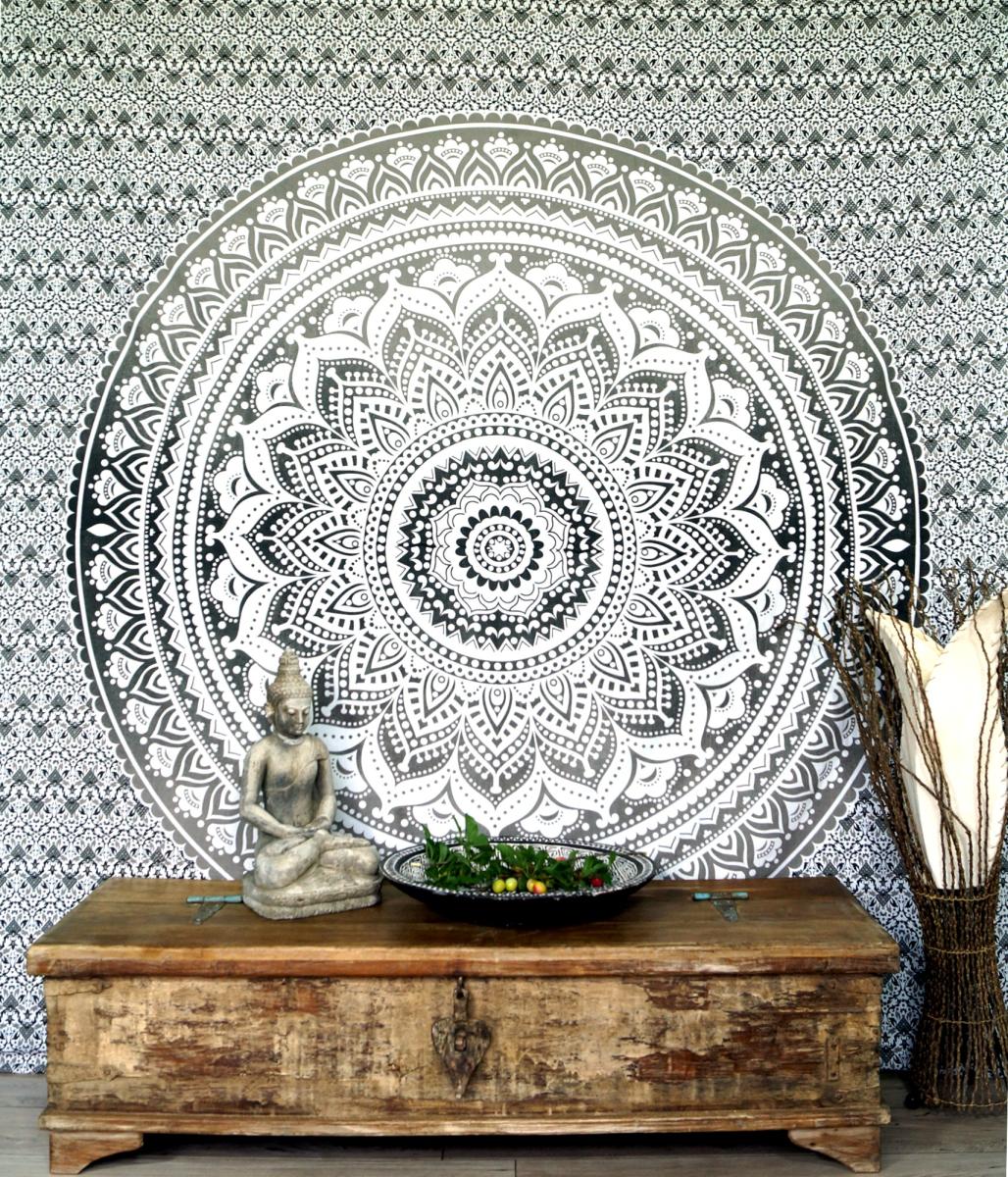 Mandala Tuch Indischer Wandbehang schwarz weiss