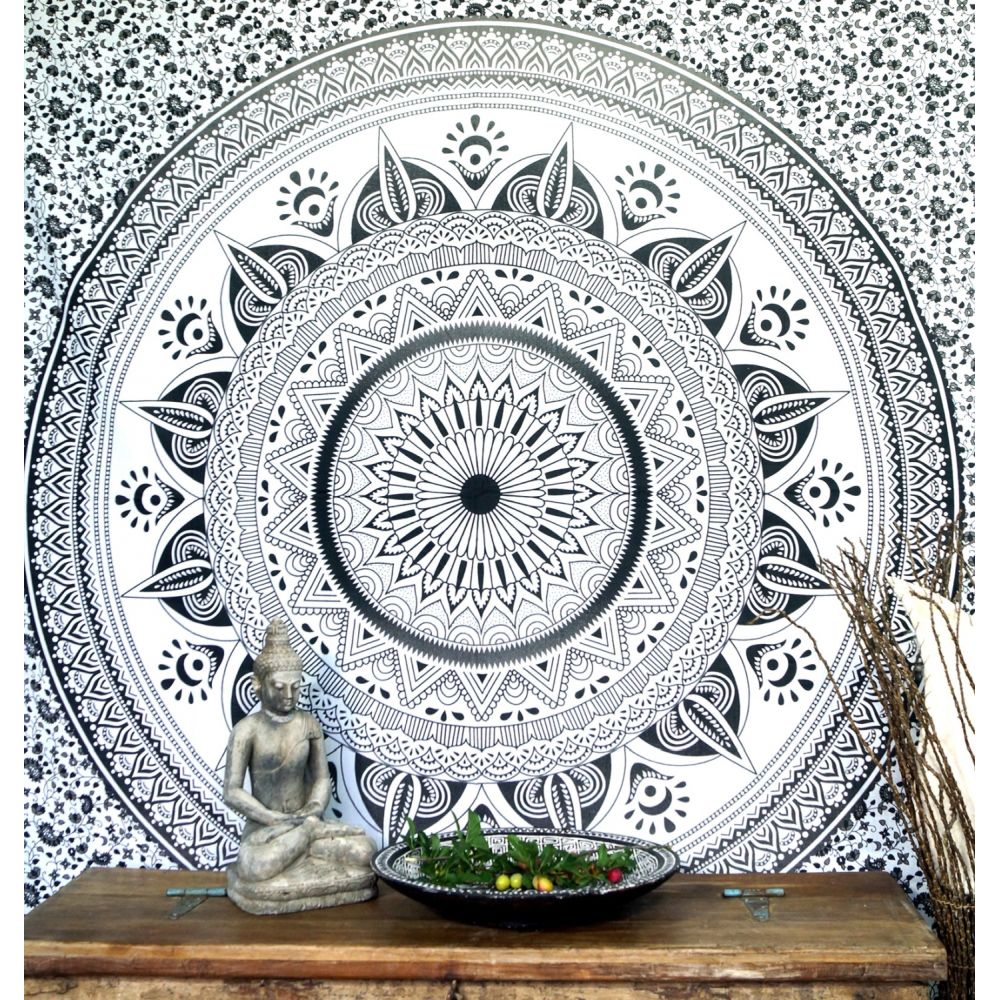 Mandala Wandbehang oder Tagesdecke aus Indien schwarz-weiss