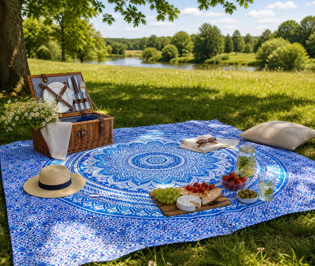 Mandala Tuch Picknickdecke blau weiss