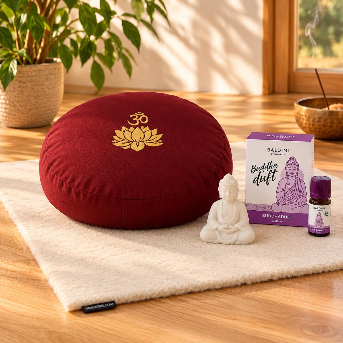 Meditation Set mit Meditationskissen in dunkelrot, Futon aus Schurwolle und Baldini Buddhaduft für die Meditation