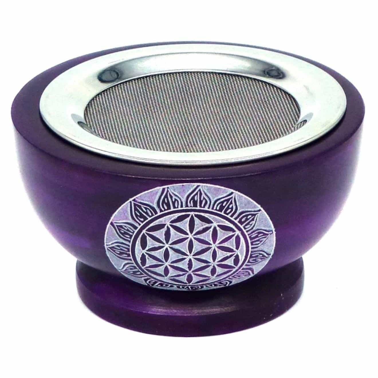 Raeucherstoevchen aus Speckstein in lila mit Sieb und Motiv Blume des Lebens