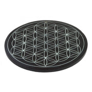 Raeucherstaebchenhalter rund Blume des Lebens schwarz aus Speckstein