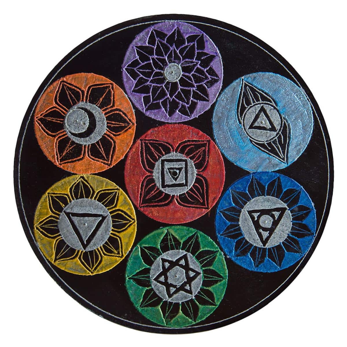 Raeucherstaebchenhalter rund mit den Chakra Motiven