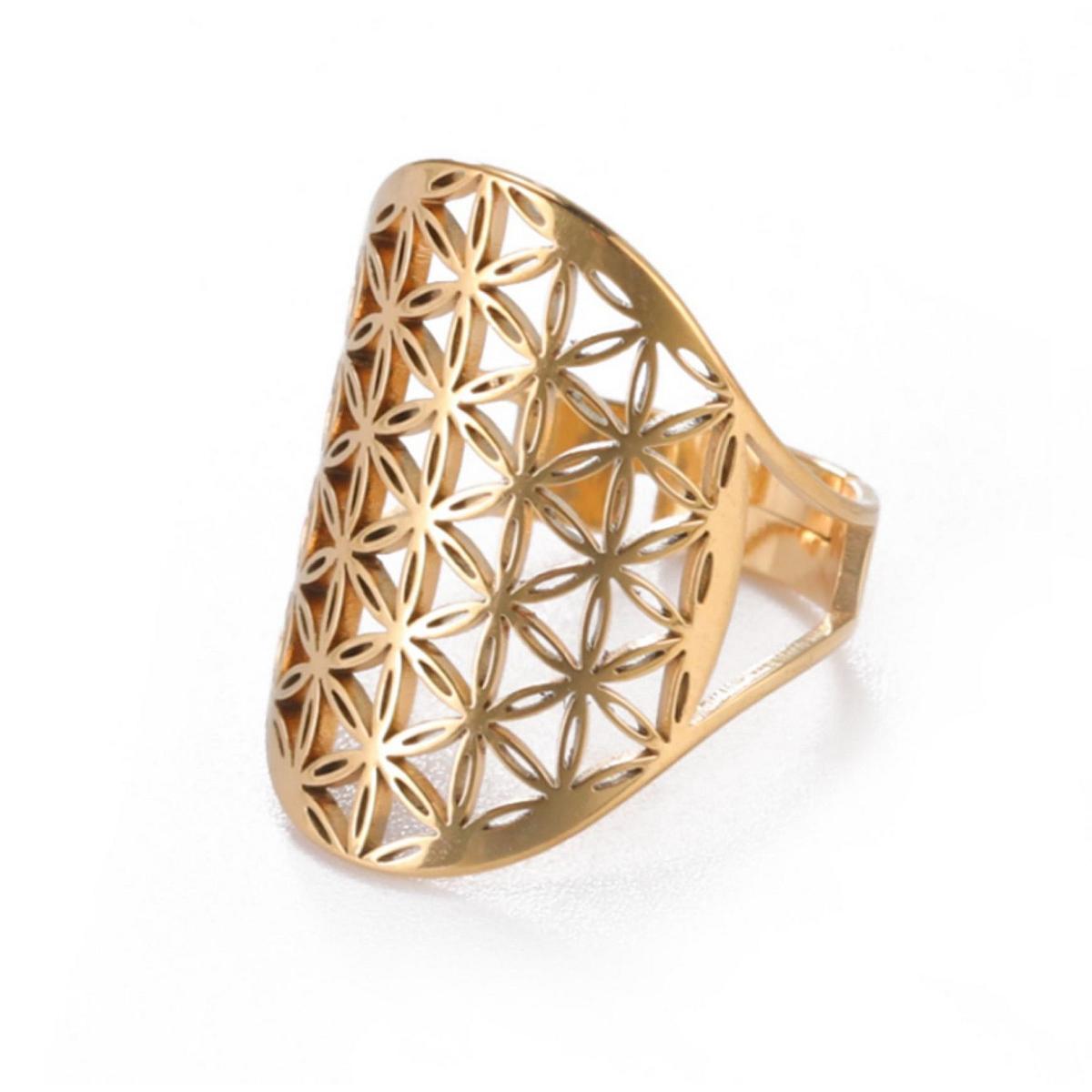 Blume des Lebens Schmuck Ring aus Edelstahl vergoldet und verstellbar