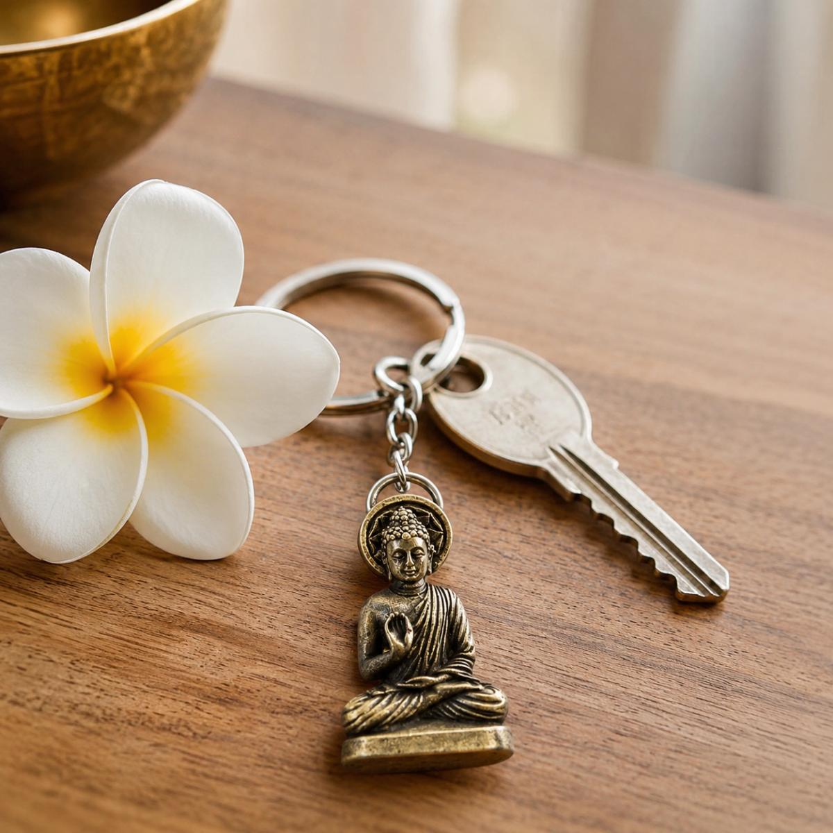 Schlüsselanhänger Buddha aus Messing auf Holztisch