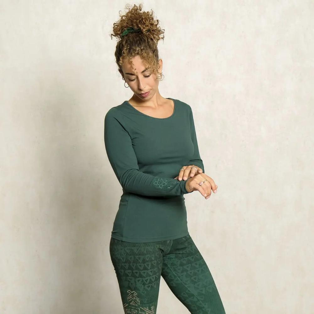 Spirit of Om Yoga Shirt Langarm smaragd mit Rosenquarz