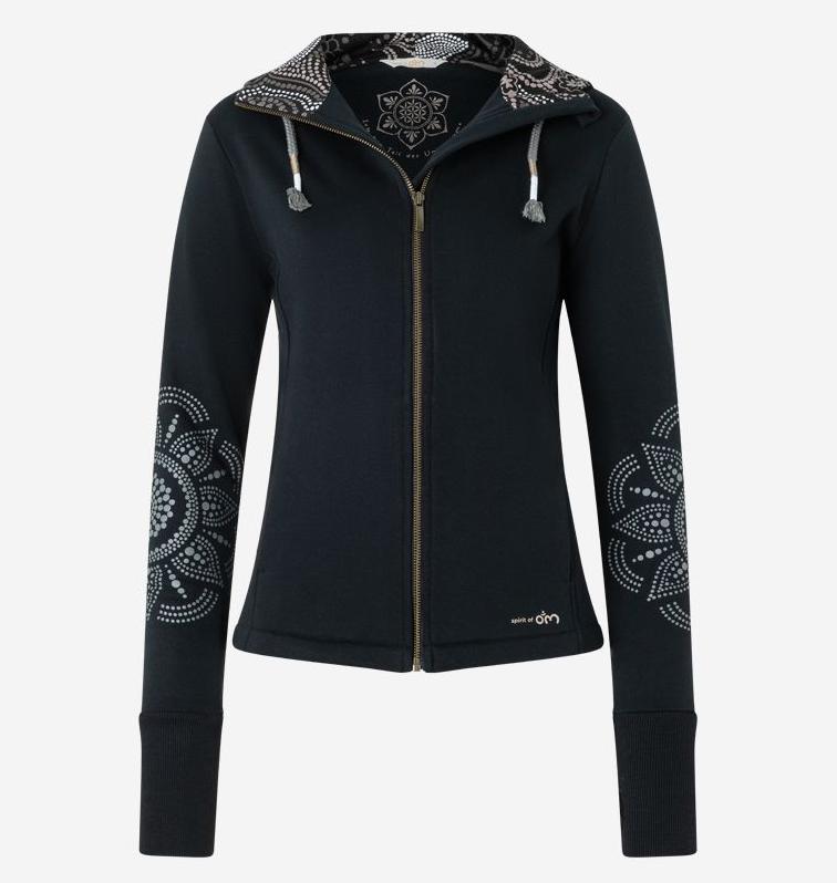 Sweatjacke Maui Nava schwarz mit Mandala Print und Kapuze von Spirit of Om Vorderseite