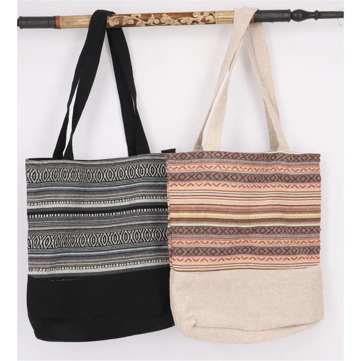 Ethno Tasche schwarz weiss und beige Stofftasche Jutetasche Shopper aus fester Baumwolle